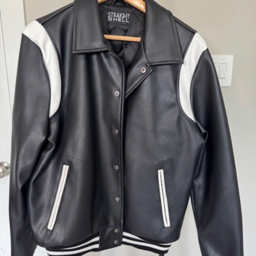 Straight to Hell Leather Varsity Jacket - Black/White